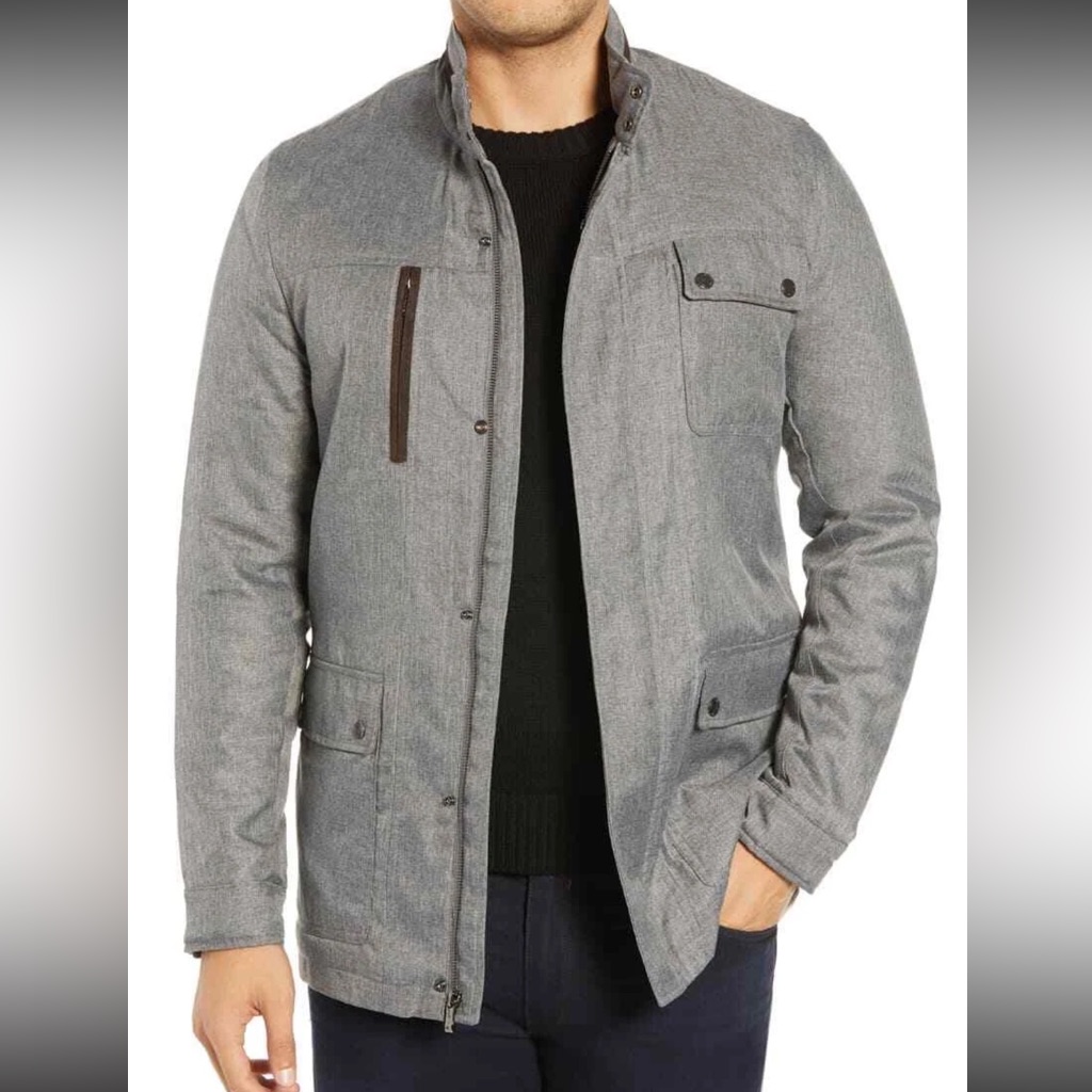 Bugatchi Men's Grey Twill Field Minimalist Jacket Suede Trim Quilted Old Money L